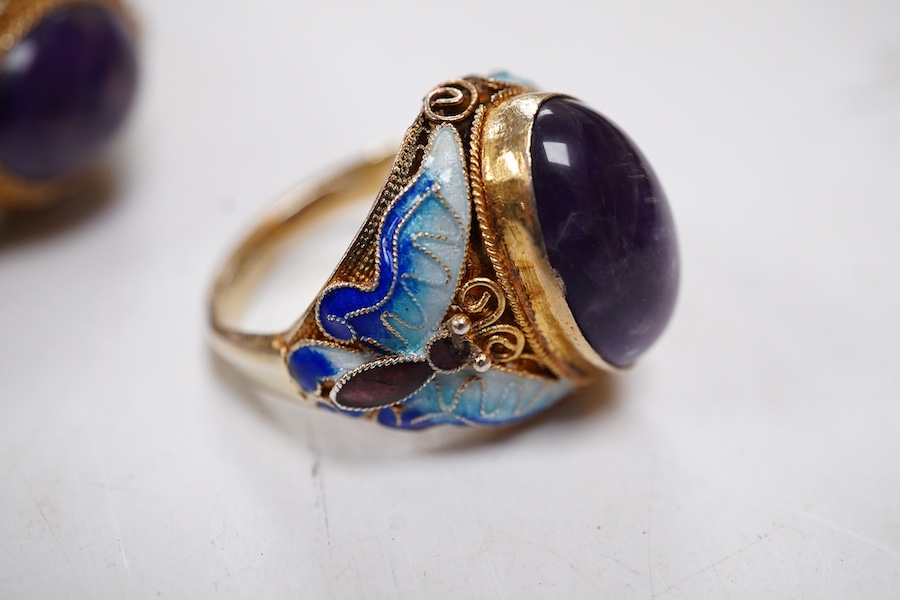 A Chinese silver gilt, enamel and amethyst cabochon bracelet - approx 20cm long and matching ring